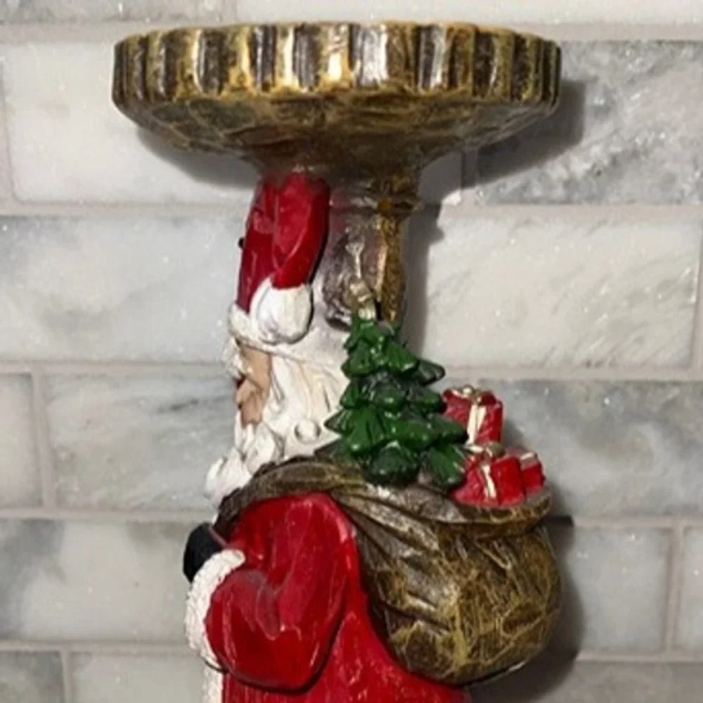Carved wood-like Santa Claus Pillar Candle Holder Resin‎ Distressed